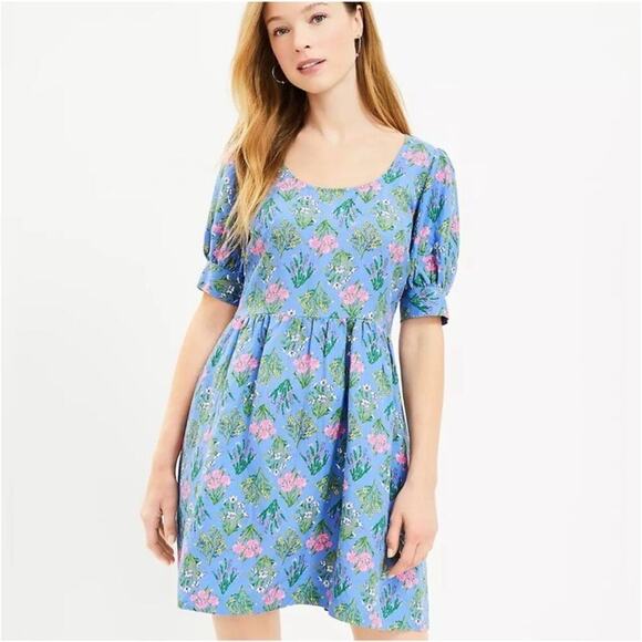 LOFT Ann Taylor Blue Floral U-Neck Puff Sleeves Mini Dress Linen Blend Size 14 - Picture 1 of 10